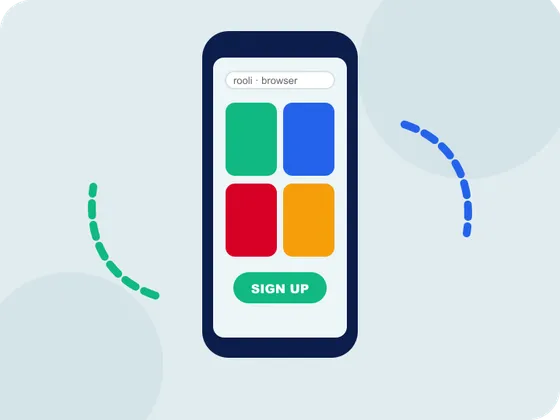 Rooli in a mobile browser: a phone with game tiles and a sign-up button