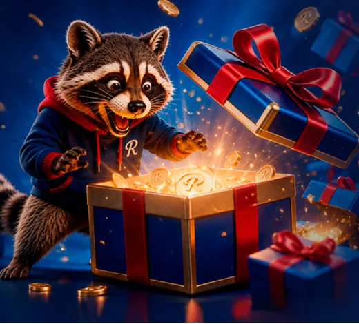 Rooli Lucky Box promotion art: a raccoon opening a glowing gift box